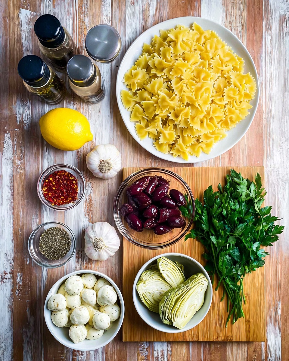 The image shows a top view of fresh ingredients for a pasta dish arranged on a wooden surface with a white marbled texture. In the center-left is a white plate full of uncooked farfalle pasta, each yellow piece with bow tie shapes and ridged edges. To the right on a wooden cutting board, there is a bunch of fresh green parsley, a small glass bowl of dark purple Kalamata olives, and a small glass bowl of deep red sun-dried tomatoes. Below the pasta plate is a white bowl with halved pale green artichoke hearts and another white bowl filled with small white mozzarella balls lightly seasoned with black pepper. Above the pasta plate is a whole bright yellow lemon, a bulb of garlic, and three small metal containers holding red pepper flakes, dried herbs, and grated white cheese. At the top left corner, there are two squeeze bottles with translucent black tops, likely containing olive oil and balsamic vinegar or another dressing. The overall scene is neat and colorful, highlighting fresh and raw ingredients for a Mediterranean style pasta meal. Photo taken with an iphone --ar 4:5 --v 7