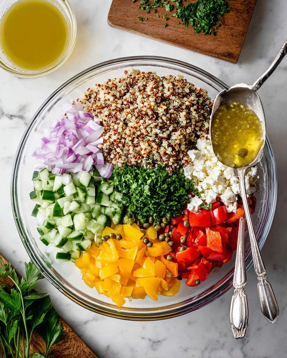 A large white bowl filled with a colorful quinoa salad showing three main layers: a base of light and dark red quinoa grains mixed evenly throughout, chopped yellow bell peppers, diced green cucumbers, small cubes of red onions, bright red diced peppers, and scattered white crumbled feta cheese. There are some small green capers mixed in, and chopped fresh parsley is sprinkled lightly over the salad. A metal spoon is partially placed inside the bowl on the right side. The bowl sits on a white marbled surface with some green parsley leaves and a white cloth with black stripes on the lower right corner near the bowl. Photo taken with an iphone --ar 4:5 --v 7