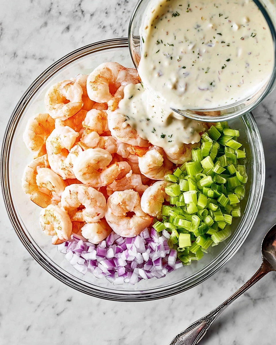 The image shows three lettuce cups each holding a layer of bright green leafy lettuce at the bottom, topped with a mix of pinkish shrimp coated in a creamy white sauce with visible small pieces of red onion and green celery, and sprinkled with small green dill leaves all over. The cups are placed inside a white speckled bowl that sits on a white marbled surface. In the upper right corner, there is a partial view of a white speckled plate with more shrimp mix and a spoon. At the bottom right, there is a small white speckled bowl with coarse salt and cracked black pepper. A striped cloth is laid near the bottom left side of the bowl. Photo taken with an iphone --ar 4:5 --v 7