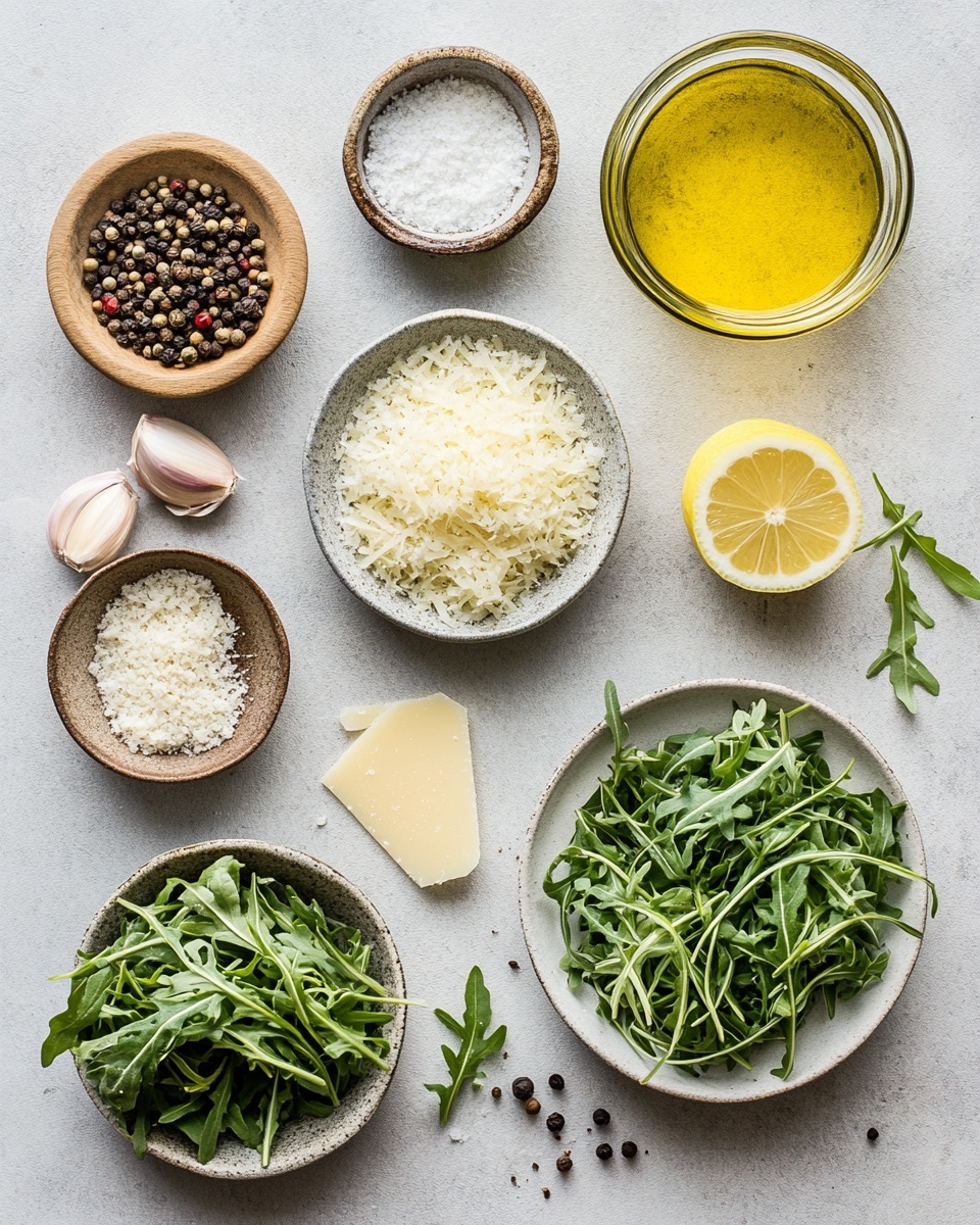 A fresh salad with two layers: the bottom layer is bright green arugula leaves, the top layer has thin white slices of cheese and a few small black pepper bits scattered over. The salad sits in a white bowl with a silver fork on the left side inside the bowl. In the background, there is a second similar salad in a white bowl, a glass jar with yellow dressing, and a wooden pepper grinder on a white marbled surface. Photo taken with an iphone --ar 4:5 --v 7