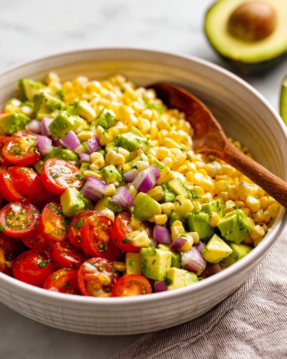 A white bowl with a light brown rim holds a colorful salad with three main layers. The base layer is yellow corn kernels mixed with small pieces of red onion giving white and purple spots. On top of that, there are bright green chunks of avocado, some cubed and some broken into soft pieces. Scattered throughout are red cherry tomato halves with juicy seeds visible, adding a splash of red color. A silver fork with a brown wooden handle is placed inside the bowl. An avocado half with its brown seed and bright green flesh sits next to the bowl on a white marbled surface with a few red chili flakes scattered nearby. photo taken with an iphone --ar 4:5 --v 7