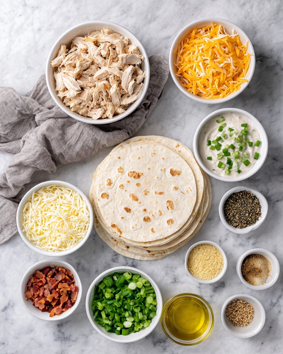 A collection of white bowls arranged on a white marbled surface with a stack of eight white tortillas resting on a gray cloth near the center. The largest bowl at the top left is filled with shredded light beige cooked chicken. Surrounding it are smaller bowls: at the top right, a bowl of white sauce topped with green herbs; below it, a bowl with shredded orange cheese; to its left, a bowl with shredded white cheese. At the bottom left, there's a bowl with small red bacon bits, next a bowl of light yellow granular seasoning, and below that, a bowl filled with bright green chopped scallions with some scallions spilled on the marbled surface. At the right side, there are three small bowls filled with different black and white spices, plus a small bowl of golden olive oil. The layout is neat and visually clear. Photo taken with an iphone --ar 4:5 --v 7