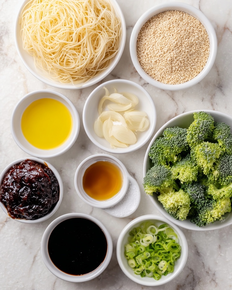 A black bowl filled with brown noodles as the base layer, topped with bright green broccoli florets scattered evenly. Thin slices of light green spring onions are sprinkled over the noodles along with small white sesame seeds, adding texture. A pair of brown wooden chopsticks rest on the right side of the bowl. The bowl is placed on a white marbled surface. Photo taken with an iphone --ar 4:5 --v 7