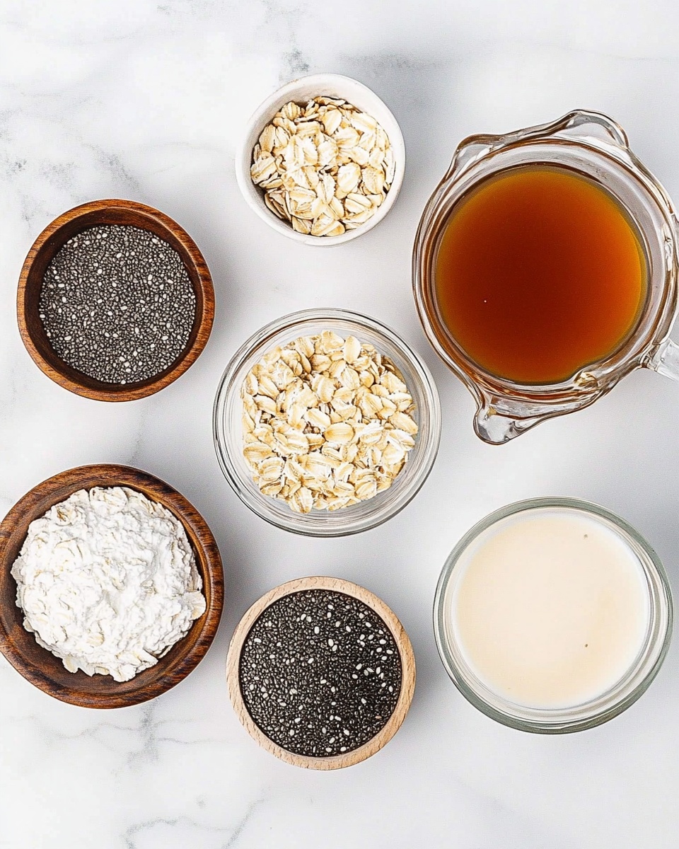 The image shows seven containers of ingredients arranged on a white marbled surface. From top right, there is a clear glass pitcher filled with pale beige liquid, likely a plant-based milk. Below it, a clear glass bowl contains thick white yogurt. To the left, a metal measuring cup filled with light brown rolled oats sits near the center. Above the oats, a white bowl holds amber-colored liquid, resembling honey or syrup. To the left of that, a small clear bowl with a scalloped edge contains dark brown liquid, possibly vanilla extract. Below this, a small wooden bowl holds tiny black chia seeds. Near the bottom center, another wooden bowl contains a small amount of coarse white salt. photo taken with an iphone --ar 4:5 --v 7