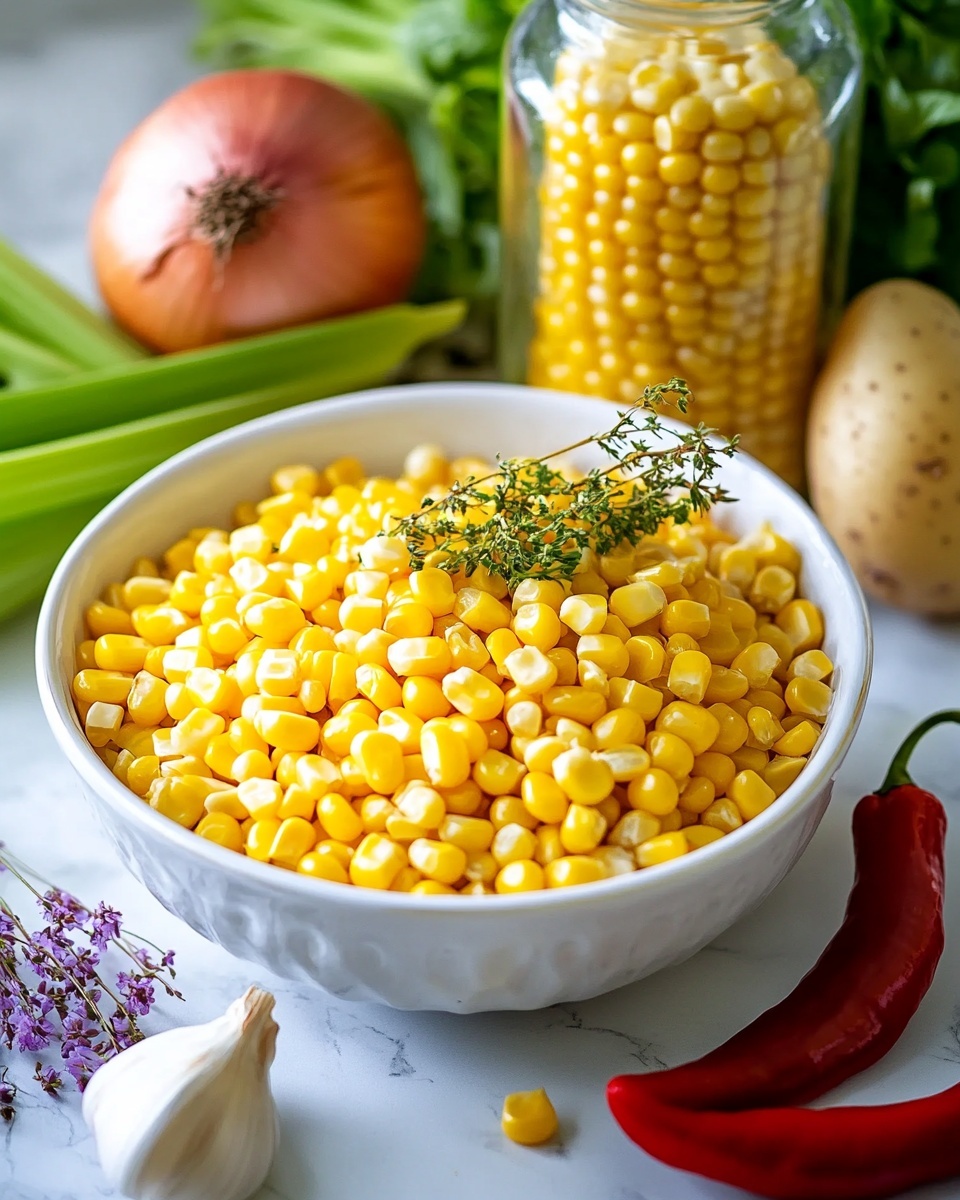 Two white bowls filled with thick yellow corn soup make up the main focus, each bowl topped with layers of yellow corn kernels, green chopped herbs, bright red chili slices, small tomato pieces, dollops of white cream, and vibrant purple edible flowers arranged near the center. Around the soup, a small white bowl holds a fresh mix of chopped red tomatoes, cucumber, and green herbs. To the upper right, a serving of white bread slices with green herb spread is placed. The whole setting is arranged on a white marbled surface with silver spoons and a colorful cloth partially visible near the bottom. Photo taken with an iphone --ar 4:5 --v 7