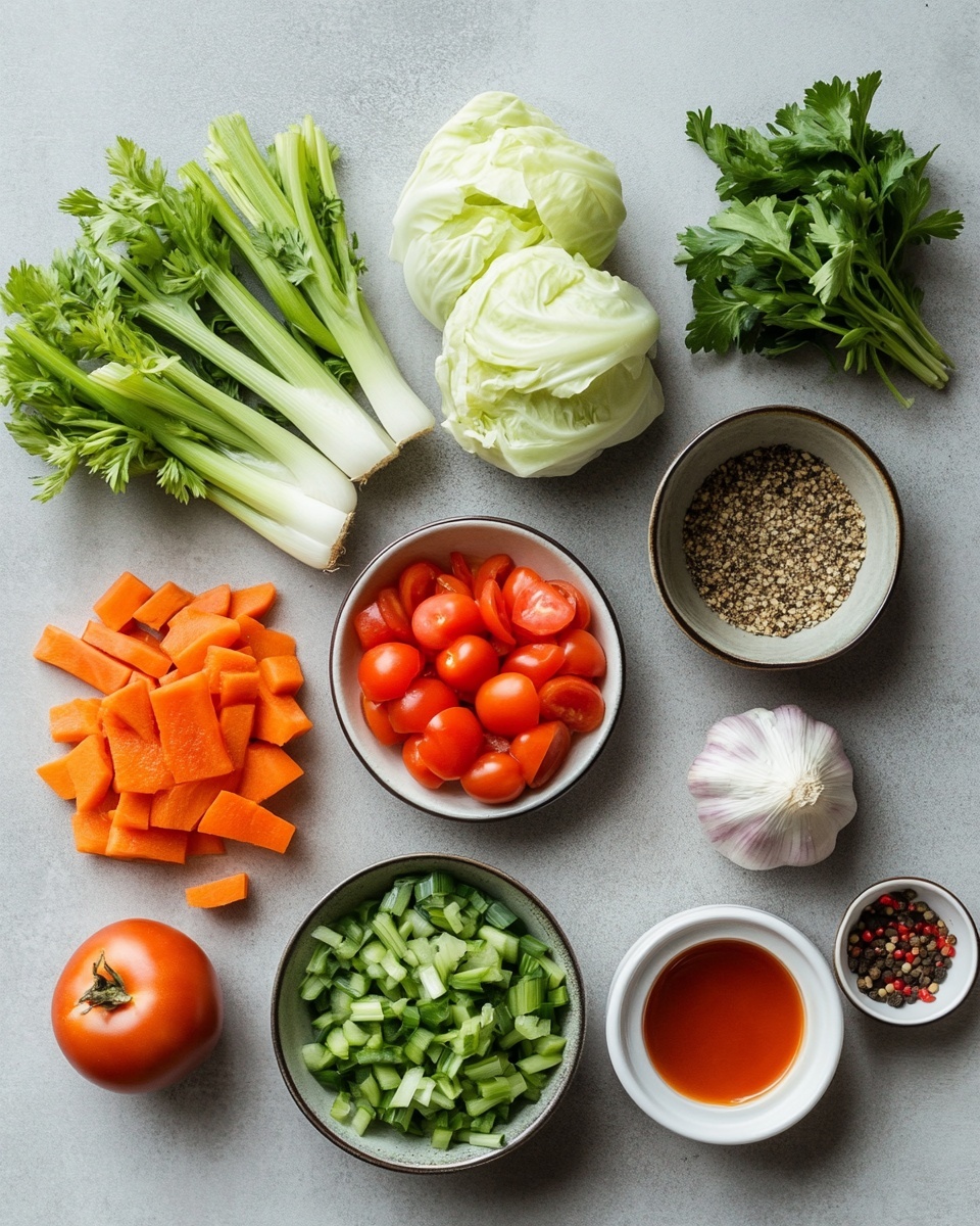 A speckled bowl is filled with a vibrant soup showing layers of orange carrot chunks, pale green cabbage pieces, red tomato bits, and light green celery, all floating in a clear, reddish broth with small green herb sprinkles on top. Behind it, a blue pot with a beige inside and a wooden spoon is softly focused, containing the same soup. A glass of pale yellow liquid and some green leaves blur in the background. The scene is set on a white marbled surface with a pink cloth gently wrapped near the bowl. photo taken with an iphone --ar 4:5 --v 7