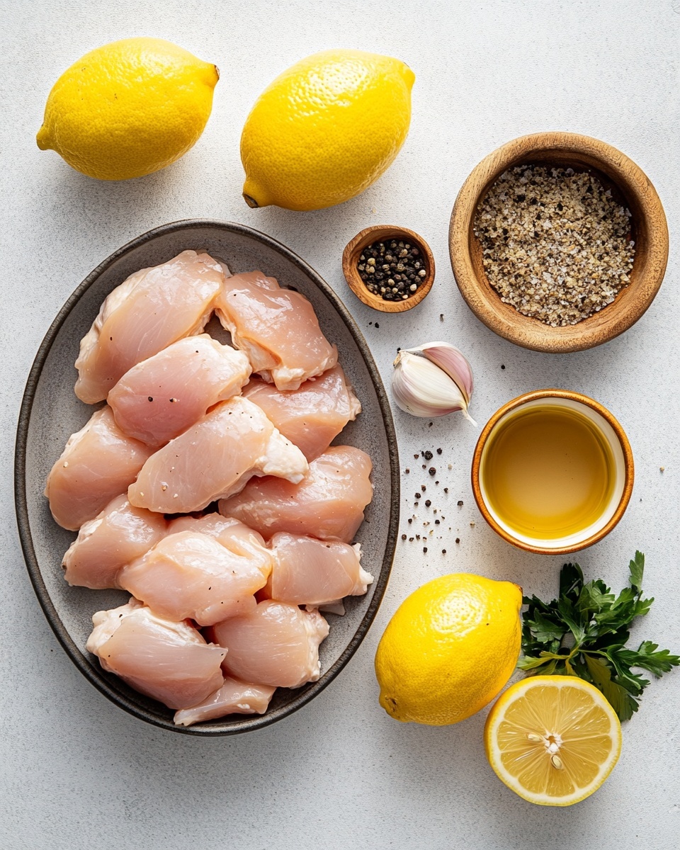 The image shows a close-up of six skewered pieces of grilled chicken with a crispy, dark brown and golden charred outside. Each piece is thick with a slightly rough texture and is sprinkled with small green herbs and coarse orange and white spices on top. The chicken is placed on a round wooden board, and in the blurred background there are two lemon slices in yellow with white inside, and some green leaves. The whole scene sits on a white marbled surface. Photo taken with an iphone --ar 4:5 --v 7