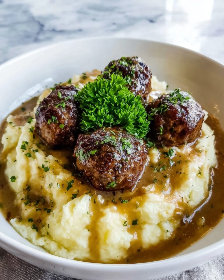 Salisbury Steak Meatballs with Garlic Herb Mashed Potatoes Recipe