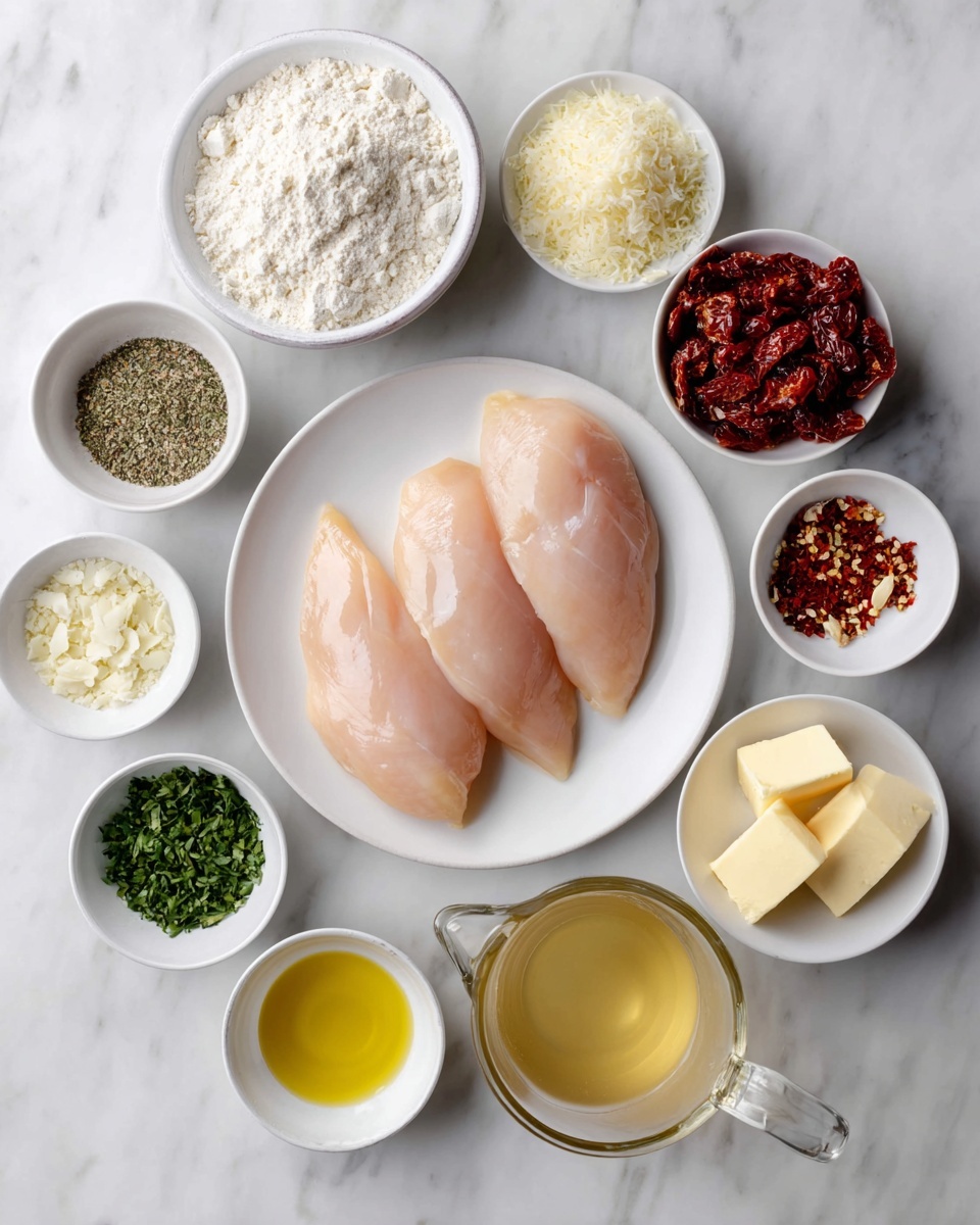 The image shows a clean layout of ingredients on a white marbled surface, centered around a white plate holding three raw, smooth, pale pink chicken breasts. Surrounding the plate are small white bowls and a glass measuring cup, each containing different items: a bowl of fine white flour, a bowl with finely grated white cheese, a bowl of dark red sun-dried tomatoes, a small bowl of mixed dried herbs, another with red chili flakes, and one with chopped fresh green herbs. Additionally, there is a small bowl of yellow olive oil, a bowl with minced garlic, a bowl with two cubes of pale yellow butter, a bowl of fine salt and black pepper, a bowl of cream, and a glass measuring cup with light golden broth. Each item is neatly arranged in a circle around the chicken breasts, all on the white marbled surface. photo taken with an iphone --ar 4:5 --v 7