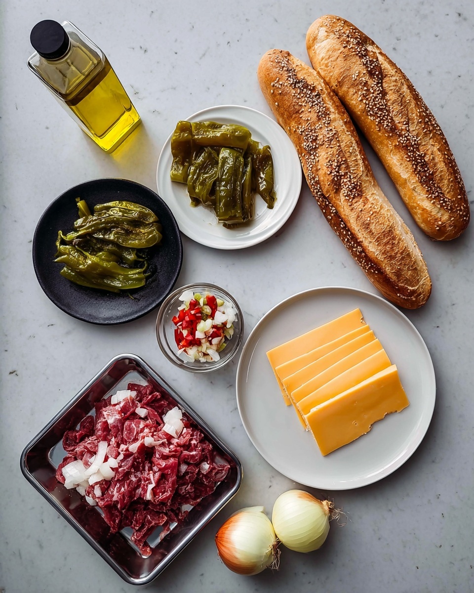 The image shows ingredients on a white marbled surface, including two long pieces of bread with one having sesame seeds placed on a white plate at the top right. Below that, there is a white plate with light orange cheese slices neatly stacked on it. To the left, a small white plate holds grilled green peppers. Above it, a small glass bowl has sliced red and green pickled peppers. At the bottom left, raw chopped red meat with white fat is spread on a metal tray. Two whole yellow onions are placed side by side at the bottom right corner. A plastic bottle with a black cap containing yellow oil is at the top left corner. Photo taken with an iphone --ar 4:5 --v 7