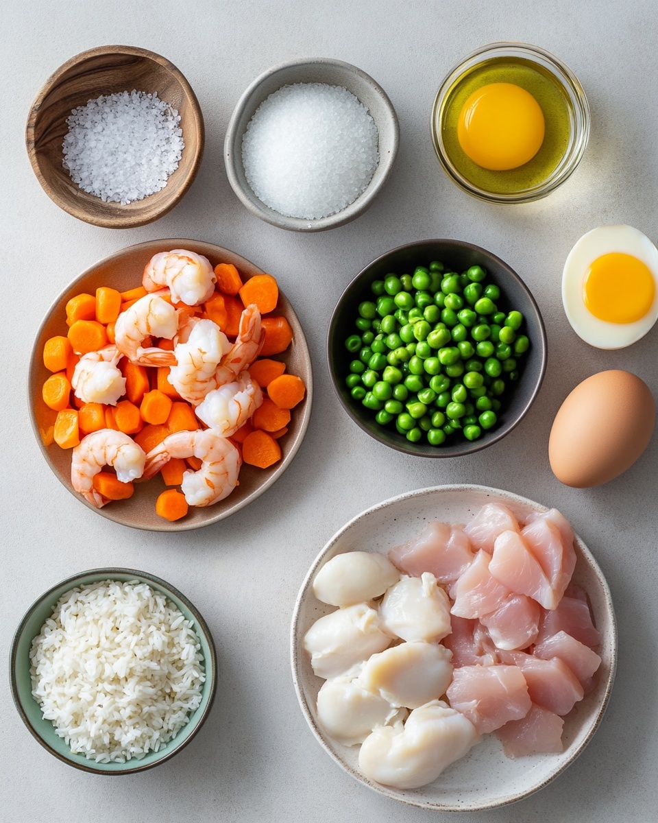A large white pan filled with shrimp fried rice, showing three main layers: a base of light brown cooked rice, mixed with small orange carrot cubes and green peas, scattered throughout; medium-sized orange shrimp placed evenly within the rice layer; and pieces of light yellow scrambled eggs and white chicken chunks mixed in. On top, green chopped scallions are sprinkled evenly, adding a fresh touch. The pan sits on a white marbled surface with small bowls of salt, pepper, and extra green scallions arranged nearby. Photo taken with an iphone --ar 4:5 --v 7