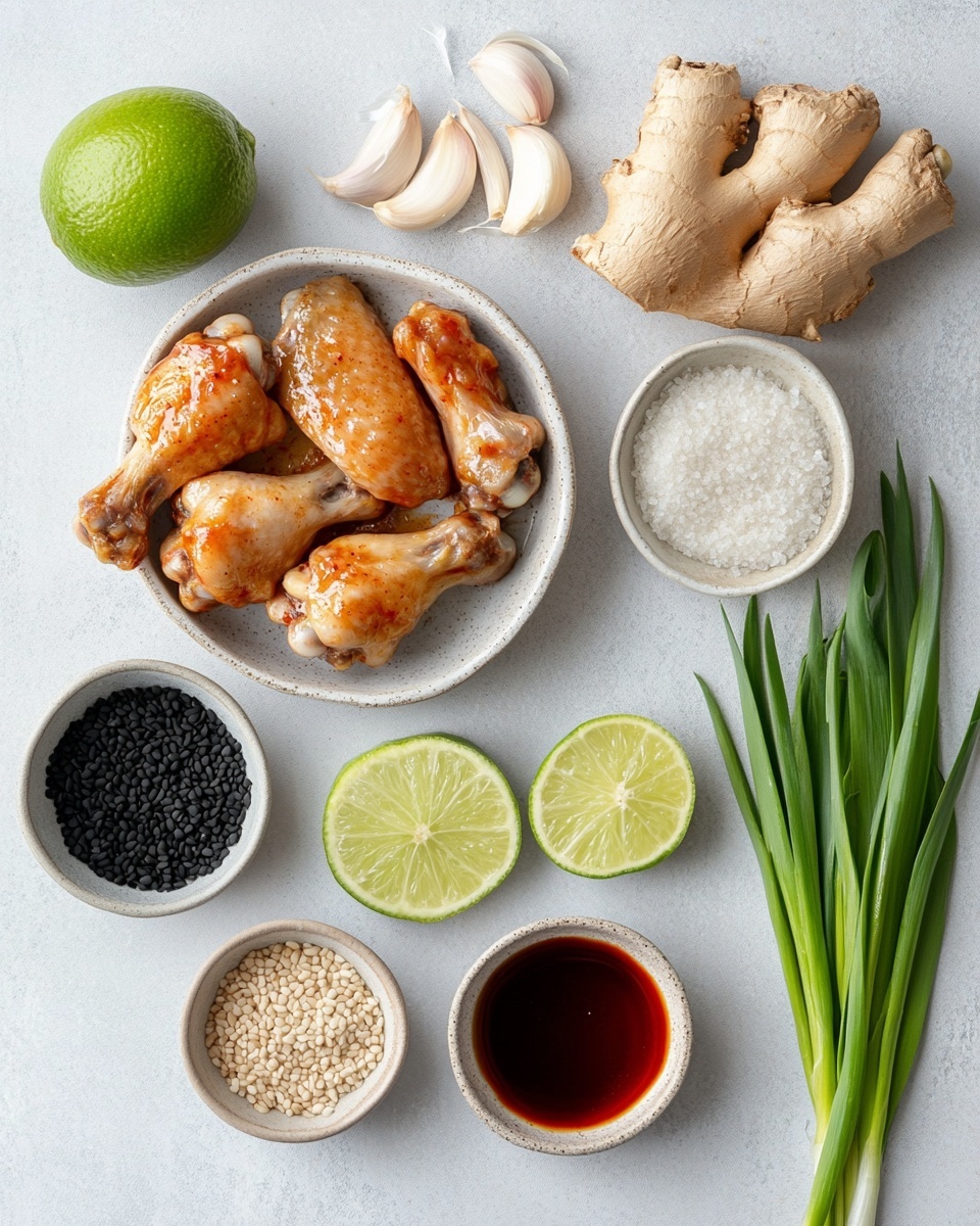 A square white plate with a grid pattern holds a stack of seven grilled chicken wings, each wing covered in a shiny, sticky dark reddish-brown sauce with some charred edges. The wings are garnished with white sesame seeds and small green onion slices scattered on top. At the back left of the plate, two lime wedges sit partially tucked under the wings. The plate rests on a white marbled surface with scattered green onion pieces around it. In the background, there is a tall glass of cold golden beer and a bottle with a green label, along with a small metal bottle opener with a wooden handle lying on the surface near the beer. photo taken with an iphone --ar 4:5 --v 7